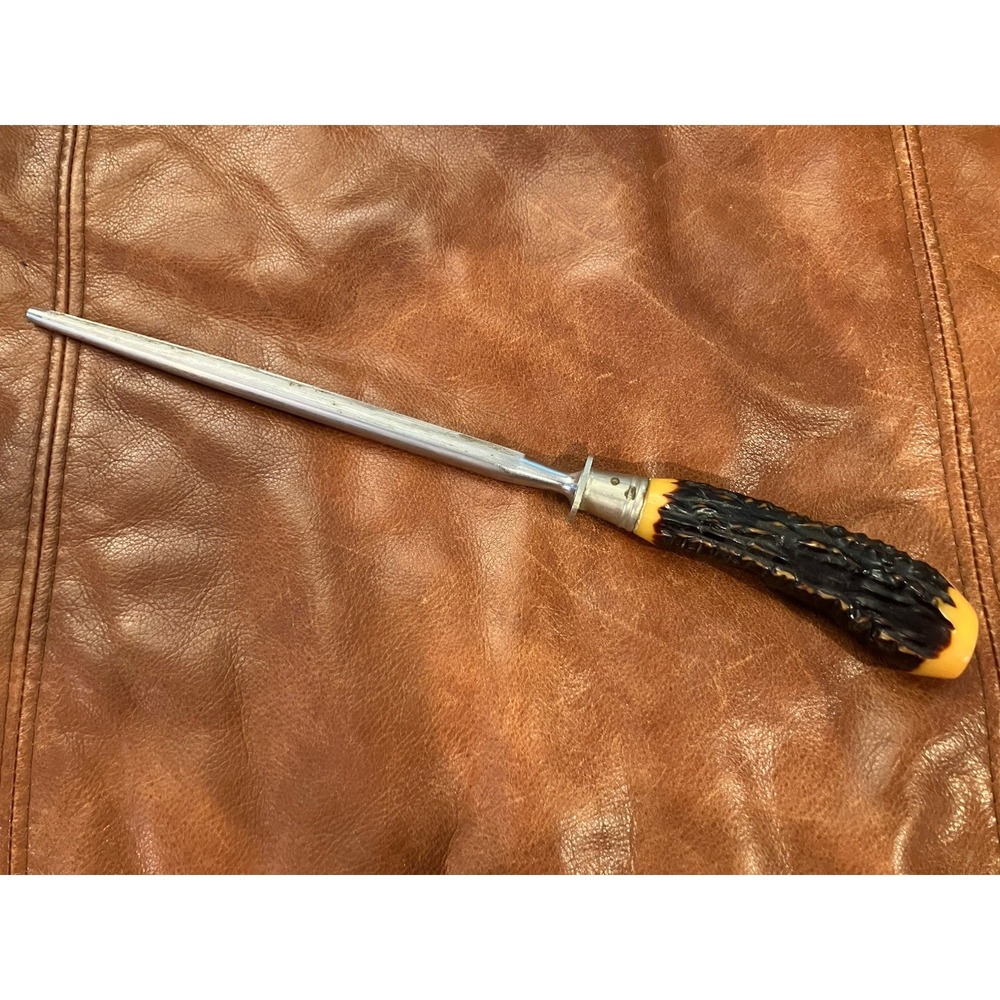 Vintage Stainless Sharpening Steel Faux Antler Handle Butcher Rod USA